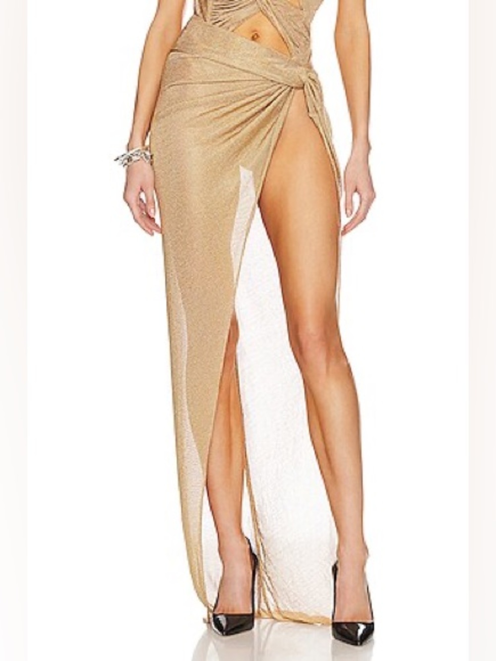 LaQuan Smith Revolve Gold Knotted Metallic Mesh Maxi Skirt Runway